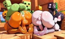 ai_generated block creeper cum cum_in_ass feet fishnets futa_on_futa futanari jack-o'-lantern minecraft multiple_futa