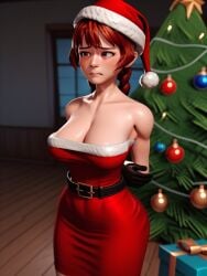 1girls 3d ai_generated belt christmas christmas_outfit christmas_tree cleavage gloves indoors kosine1777 medium_breasts presents red_hair santa_hat solvalley_school tatiana_(solvalley_school) tube_dress