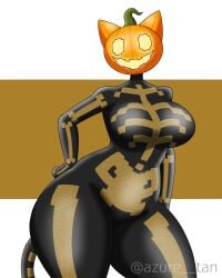 1girls artist_name asthma__tan background big_breasts big_thighs cat_ears cat_girl cat_tail female female_only fortnite glowing_eyes huge_breasts huge_thighs looking_at_viewer pumpkin pumpkin_cat_(fortnite) pumpkin_head skeleton_(marking) skinsuit solo tagme tail twitter_username watermark