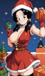 ai_generated christmas christmas_outfit dragon_ball dragon_ball_z exposed_breast exposed_nipple gift_box large_breasts tagme videl videl_(long_hair)