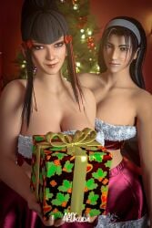 2girls amyfukuda big_ass big_breasts christmas christmas_outfit christmas_present christmas_tree cleavage female female_only gift gift_wrapped kazama_jun kazumi_mishima milf tekken tekken_7 tekken_8