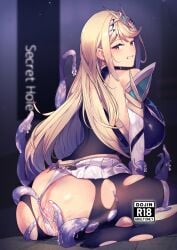 absurdres anus ass black_pantyhose blonde_hair breasts clenched_teeth clothing_aside comiket_104 commentary_request content_rating cover cover_page cum cum_in_ass cumdrip doujin_cover elbow_gloves english_text female gloves highres huge_breasts interspecies long_hair looking_back microskirt mythra_(massive_melee)_(xenoblade) mythra_(xenoblade) panties panties_aside pantyhose sitting skirt solo swept_bangs teeth tentacle tiara torn_clothes torn_pantyhose underwear wariza white_gloves white_panties white_skirt xenoblade_chronicles_(series) xenoblade_chronicles_2 yatai_(ya2taic) yellow_eyes