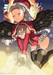 1girls ass barefoot black_wings blush christmas christmas_outfit dark-skinned_female dark_skin earrings feet female female_only foot_fetish one_piece s-snake_(one_piece) santa_costume seraphim_(one_piece) solo star-shaped_pupils thighs white_background white_hair wings