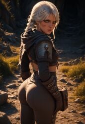 ai_generated ass back_view big_ass braid bubble_butt cd_projekt_red ciri clothing female light-skinned_female looking_at_viewer looking_back mascara nmackelie scar solo the_witcher_(series) the_witcher_4 white_hair