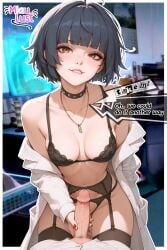 blue_hair ia_generated lingerie masturbating_other miaulust nurse persona_5 persona_5_royal shoker short_hair stockings tae_takemi video_game_character