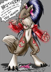 2009 angry black_hair breasts brown canine claws clothes digimon digitigrade english_text female fox hair lightning long_hair mammal markings nipples nude open_mouth original_character pussy red red_eyes renamon ribbon s'zira s0lar1x solo standing tail text torn_clothes transformation