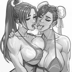 2girls big_breasts breasts capcom cedawjpoulat chun-li female huge_breasts king_of_fighters kissing mai_shiranui snk street_fighter tongue tongue_out yuri