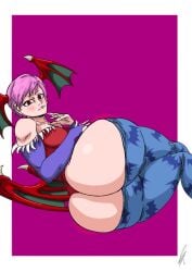 1girls armwear ass ass_focus bendraws big_ass blush breasts capcom darkstalkers flat_chest from_behind huge_ass laying_on_side leggings leggings_down leotard lilith_aensland looking_at_viewer purple_hair red_eyes short_hair succubus thick thick_ass thick_thighs wings