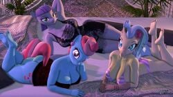 16:9 3d anthro anthrofied anthroponiessfm ass big_breasts big_butt breasts cleavage clothed clothing cup_cake_(mlp) digital_media_(artwork) equid equine female friendship_is_magic group hasbro hi_res horse lingerie lying mammal mature_female maud_pie_(mlp) my_little_pony my_little_pony:_the_movie_(2017) on_front panties pony princess_skystar_(mlp) trio underwear widescreen