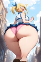 fairy_tail fat_ass goldencum34 huge_ass looking_at_viewer looking_back lucy_heartfilia massive_ass pink_panties shocked_expression thick_thighs upskirt wide_hips