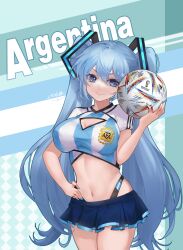 1girls ahoge alternate_breast_size argentina argentine_flag argentinian_miku bangs blue_eyes blue_hair blue_nails cleavage english_text exposed_belly football_player football_uniform hand_on_hip hatsune_miku human jokanhiyou light-skinned_female light_skin long_hair looking_at_viewer pleated_skirt skirt smile soccer_ball soccer_uniform solo text thong twintails vocaloid