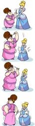 2girls alteration ass_expansion attribute_swap blonde_hair brown_hair cinderella_(1950_film) cinderella_(disney) comic countess_le_grande curse disney disney_princess face_swap female female_only height_increase height_reduction magic_wand overweight princess superspoe weight_gain weight_loss