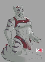 1boy 2021 abs absurd_res anthro areola artist_logo artist_name bestiality bodily_fluids bulge cheek_tuft chest_tuft claws dated dripping facial_tuft fangs finger_claws foreskin front_view fur genital_fluids genitals glans half-erect head_spikes hi_res humanoid_genitalia humanoid_penis logo looking_at_viewer male male_only markings muscular muscular_anthro muscular_male narrowed_eyes nipples pecs penis poking_out precum precum_drip purple_areola purple_body purple_fur purple_nipples purple_tail red_glans smile solo spiked_tail spikes spikes_(anatomy) striped_arms striped_body striped_fur striped_legs striped_markings striped_tail stripes tail_markings tuft vein veiny_penis vinyanko white_body white_fur white_penis white_tail