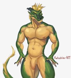 absurd_res anthro balls black_claws blonde_hair claws dragon flaccid genitals green_body green_scales hair hi_res horn humanoid_genitalia humanoid_penis looking_at_viewer male male_only muscular muscular_anthro muscular_male navel nipples nude penis ratcatcher scales simple_background smile solo standing white_background yellow_body yellow_scales