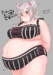 big_belly bow_ribbon bra breasts female female_only grey_hair kanzaki_ranko measurements noseless obese oruka_(kamituki0827) overweight overweight_female red_eyes twintails underwear