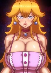 1girls alternate_breast_size bedroom_eyes beg4cake big_breasts blonde_female blonde_hair blue_eyes breasts buttoned_shirt buttons cleavage earrings female huge_breasts large_breasts lips mario_(series) nintendo overalls pink_dress pink_shirt princess_peach seductive_eyes shirt