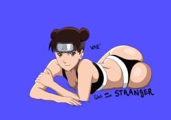 1girls arm_support bangs bare_ass bare_midriff bare_shoulders big_ass blush bra breasts cmiv07 commentary female female_only headband huge_ass konohagakure_symbol kunoichi looking_at_viewer lying lying_on_stomach midriff naruto naruto_(series) naruto_shippuden ninja on_stomach panties plain_background purple_background round_ass simple_background smile solo solo_focus spankable talking talking_to_viewer tenten underwear