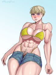 abs big_breasts bikini blush erect_nipples jean_shorts mole mole_on_breast muscular_female peepingficus pubic_hair purple_eyes short_hair simple_background tomboy very_short_hair white_hair