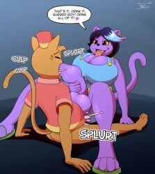 1boy 1futa anal anal_sex anthro belly_expansion belly_inflation big_balls big_breasts big_penis blowjob blue_hair burgerpants catty_(undertale) clothed clothing cum cum_in_ass cum_in_mouth cum_inside cum_while_penetrated dominant dominant_intersex duo ejaculation english_text erection feline fellatio furry futa_on_male futadom futanari heart_after_text huge_balls huge_breasts huge_cock inflation intersex/male male male_on_futa malesub onomatopeia overalls penetration sitting_on_penis speech_bubble t-shirt text tohilewd tongue tongue_out undertale undertale_(series)