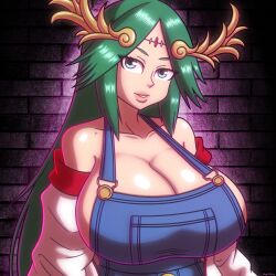 1girls beg4cake big_breasts blue_eyes cleavage female green_hair huge_breasts jacket kid_icarus large_breasts long_hair nintendo no_bra off_shoulder overalls palutena thick_lips