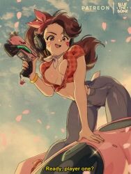 1girls bluethebone cruiser_d.va d.va firearm gun higher_resolution_available jeans overwatch retro_artstyle solo solo_female tagme