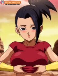 1girls animated big_breasts black_hair blush boobdrop breasts clothing covering_breasts dragon_ball dragon_ball_super embarrassed female female_only female_saiyan foxybulma kale lifted_by_self lifting_shirt mp4 nipples no_sound plucking ponytail shounen_jump solo solo_female teeth titty_drop universe_6 universe_6/universe_7 video