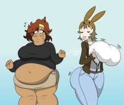 2girls anthro attribute_swap attribute_theft big_ass big_belly big_breasts brown_hair bunny_ears dark-skinned_female female_only ginger_hair light-skinned_female motion_lines thick_thighs tongue_out unagitakanashi weight_gain weight_loss