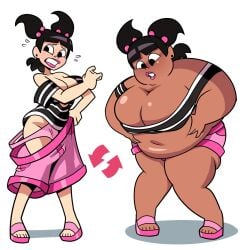 alternate_body_type attribute_swap big_belly big_breasts black_hair dark-skinned_female grabbing_belly katie_(tdi) light-skinned_female oversized_clothes overweight overweight_female sadie_(tdi) superspoe thick_thighs total_drama_island undersized_clothes weight_gain weight_loss