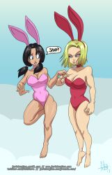 android_18 black_hair blonde_female blonde_hair blue_eyes bunny_ears bunny_girl bunnysuit cleavage dragon_ball dragon_ball_z fit_female flying jerkdouglas large_breasts medium_hair speech_bubble thick_thighs twintails videl voluptuous