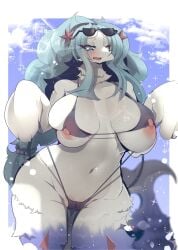 anthro areola big_breasts bikini blue_eyes blue_hair blush breasts clothing female fur generation_7_pokemon genitals hair hi_res kouseki0024 legs long_hair mammal marine nintendo nipples non-human_areolae pinniped pokemon pokemon_(species) primarina pussy solo swimwear video_games white_skin