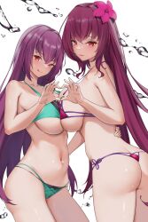 2022 2girls artist_request ass bikini breast_press breast_to_breast breasts fate/grand_order fate_(series) female female_ass female_only flower_hair_ornament green_bikini hair_between_eyes hair_ornament heart_hands hips huge_breasts large_ass light-skinned_female light_skin long_hair naughty_face purple_bikini purple_hair red_eyes scathach_(fate) scathach_(swimsuit_assassin) scathach_skadi scathach_skadi_(swimsuit_ruler)_(fate) slim_waist smile suggestive_look sweat sweaty_breasts thick_thighs thighs wide_hips