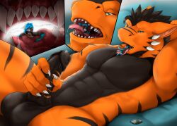 anthro bed blush blush_lines dominant dominant_male duo female furaffinity furniture imminent_death imminent_vore kurtcbrox kurtcbrox_(character) larger_male macro male male/female masturbation micro micro_on_macro mouth_play nyoko_(mallowchu) on_bed oral_vore relaxing scalie shrunken_city size_difference smaller_female submissive submissive_female trapped vore yiff