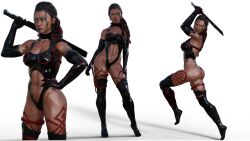 1girls 3d athletic athletic_female big_breasts black_hair bloodblade21 brown_hair cleavage dark-skinned_female dark_skin demon eyebrows eyelashes eyes fit fit_female gloves heroine huge_breasts human humanoid kaya_(bloodblade21) kunoichi large_breasts legs legwear long_gloves long_hair midway multicolored_hair muscles muscular muscular_female netherrealm_studios ninja original_character ponytail pose posing render simple_background skimpy skimpy_clothes thick_legs thick_thighs thigh_highs thighhighs toned toned_female top_heavy villainess wide_hips