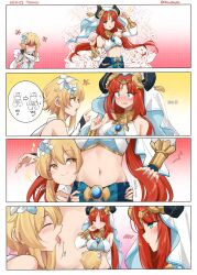 2girls angry belly belly_button blush clothes_pull comic female female_only genshin_impact licking_belly lumine_(genshin_impact) midriff navel nilou_(genshin_impact) skirt skirt_pull smile tongue tongue_out tummy yuri