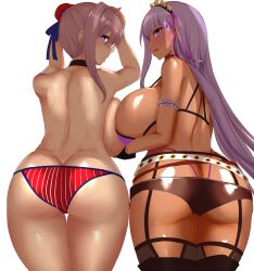 2022 2girls american_flag_bikini ass ass_focus bb_(fate) bb_(swimsuit_mooncancer) belt bikini_top blue_eyes booty_shorts breasts brown_skin double_ass_focus fate/grand_order fate_(series) female female_ass female_only gyaru hair_ornament hips huge_ass huge_breasts legs legs_together light-skinned_female light_skin long_hair looking_at_viewer miyamoto_musashi_(fate) miyamoto_musashi_(swimsuit_berserker) naughty_face pink_hair purple_bikini purple_eyes purple_hair short_shorts shorts simple_background slim_waist smile suggestive_look tan tan-skinned_female tanned_skin thick_thighs thigh_gap thighhighs thighs topless topless_female white_background wide_hips yukimaro_yukkii yukkyyukimaro