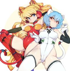 2022 2girls alternate_hair_color animal_ear_headwear animal_ears armpits asuka_langley_sohryu blonde_female blonde_hair blue_eyes blue_hair breasts cat_ears cat_tail catgirl clothing female female_only highleg_leotard hips human leotard light-skinned_female light_skin long_hair medium_breasts neon_genesis_evangelion pale-skinned_female pale_skin pilot_suit plugsuit red_eyes rei_ayanami short_hair slim_waist slugbox stockings tail tail_accessory thick_thighs thighs