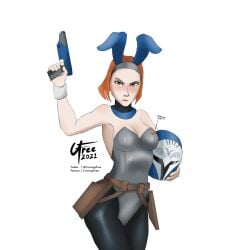 1girls angry animal_ears arm_up armor belt blue_clothing blush bo-katan_kryze breasts bunny_ears cleavage clone_wars cravingsfree embarrassed eyes female female_only front_view gun headgear helmet holding_headgear holding_object holding_weapon holster human human_only mandalorian medium_breasts neckwear open_eyes pantyhose patreon pinup playboy_bunny pose ranged_weapon red_hair sad short_hair signature simple_background solo standing star_wars text twitter_username weapon white_background yellow_eyes