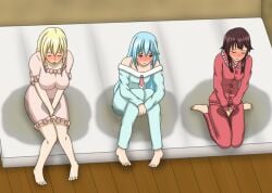 3girls aqua_(konosuba) bedwetting clothed_female darkness_(konosuba) female female_only kono_subarashii_sekai_ni_shukufuku_wo! mattress megumin multiple_girls on_bed papergami peeing peeing_self sad