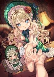 :o :q bare_shoulders blonde_female blonde_hair blue_eyes blush bonnet braid braided_bangs breasts chibi chibi_inset cum cum_on_body cum_on_face cum_on_feet cup doll doll_joints dress facial feet female flower foot_focus foot_out_of_frame frilled_bonnet frilled_dress frills green_dress green_pupils green_ribbons highres joints kink_(tortoiseshell) lamp licking_lips lolita_fashion long_hair looking_at_viewer multiple_views neck_ribbon off_shoulder original partially_nude phonograph ribbon saucer silk sitting small_breasts smile soles solo speech_bubble spider_web suitcase teacup toes tongue tongue_out towako_(akane_shinsha) translation_request wavy_hair