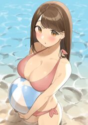 1girls beach beach_ball big_breasts bikini bikini_bottom bikini_top blush ocean office_lady ol-chan_(ol_mahonanoka) ol_mahonanoka original side_tie_bikini