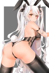 1girls absurdres animal_ears antenna_hair arm_strap ass azur_lane back bangs bare_shoulders black_legwear black_leotard blush breasts brown_eyes bunny_ears bunny_tail bunnysuit cross-laced_clothes cross-laced_cutout fake_animal_ears fake_tail female highres iron_blood_(azur_lane) large_breasts leotard long_hair looking_at_viewer looking_back mole mole_on_breast multicolored_hair open_mouth prinz_eugen_(azur_lane) red_hair sideboob sideless_outfit silver_hair solo streaked_hair swept_bangs tail thighhighs two_side_up very_long_hair yukineko1018