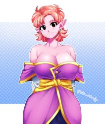 aka_nobodyy alternate_breast_size big_breasts black_eyes chronoa cleavage clothed dragon_ball dragon_ball_heroes dragon_ball_super dragon_ball_xenoverse dragon_ball_z hourglass_figure pink_hair pink_skin purple_dress