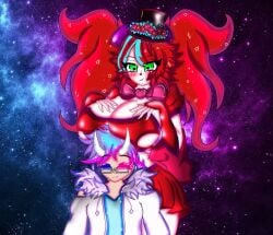 1boy 1boy1girl 1girls baby_(fnafsl) big_breasts breasts breasts_on_head circus_baby circus_baby_(fnaf) circus_baby_(fnia) female five_nights_at_freddy's five_nights_at_freddy's:_sister_location five_nights_in_anime fnaf fnia green_eyes green_eyes_female heart-shaped_pupils horn long_hair male oc red_hair