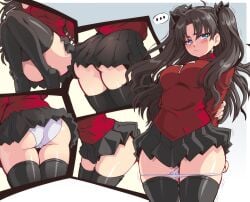 ... 1girls ass big_breasts black_hair black_socks blue_eyes blush breasts fate/stay_night fate_(series) female female_focus female_only fully_clothed legwear lewdamone panties panties_down skirt socks thick_thighs thigh_socks thighhighs thighs tohsaka_rin twintails white_panties