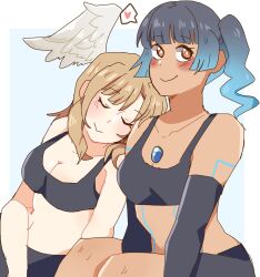 2girls arm_sleeves artist_request belly blue_hair blush breasts brown_hair cleavage content_smile core_crystal cute dark-skinned_female eunie_(xenoblade) female_only head_on_shoulder heart implied_yuri light-skinned_female midriff orange_eyes resting resting_head sena_(xenoblade) shorts side_by_side sitting sitting_together sleeping smile spoken_heart sports_bra upper_body wholesome workout_clothes xenoblade_(series) xenoblade_chronicles_3