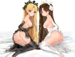 2girls absurdres ass babydoll bangs bare_shoulders black_bow black_gloves black_legwear blonde_hair blush bow breasts brown_hair earrings elbow_gloves ereshkigal_(fate) fate/grand_order fate_(series) female female_only frills garter_straps gloves hairbow highres ishtar_(fate) jewelry kneeling long_hair looking_at_viewer looking_back medium_breasts multiple_girls orange_eyes red_eyes siblings sideboob simple_background sisters thighhighs tiara two_side_up white_background white_bow white_gloves white_legwear yukineko1018