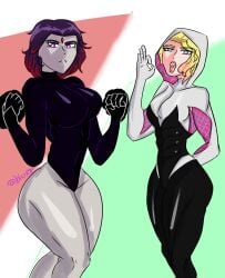 abs asymmetrical_hair big_breasts big_butt blonde_hair curvy dc dc_comics gwen_stacy marvel marvel_comics purple_hair rachel_roth raven_(dc) short_hair spider-gwen spider-man_(series) teen_titans wide_hips yxord