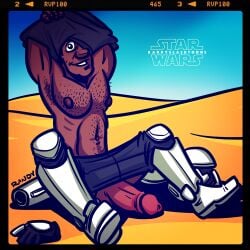 1boy bara dark-skinned_male desert desert_planet finn_(star_wars) gay hairy_armpits hairy_chest hairy_male hairy_stomach hard_nipples john_boyega large_penis male male_only penis_out randyslashtoons star_wars stormtrooper stripping