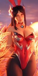 1girls 3d bare_arms big_breasts black_hair blue_eyes breasts bunny_ears child_bearing_hips cleavage female female_only highleg highleg_leotard highres irelia_xan ireliabubblebutt league_of_legends league_of_legends:_wild_rift light-skinned_female light_skin midriff navel_outline necklace ponytail smile solo strapless_leotard thick_thighs tight_clothing tights wide_hips