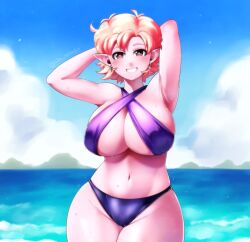 1girls aka_nobodyy alternate_breast_size beach big_breasts bikini bikini_bottom bikini_top blue_sky chronoa cleavage cloud day detailed_background dragon_ball dragon_ball_heroes dragon_ball_super dragon_ball_xenoverse dragon_ball_z earrings female giant_breasts grin grinning mountain outdoors pink_eyes pink_skin purple_bikini purple_bikini_bottom purple_bikini_top purple_swimsuit short_hair sky smile summer sunlight swimsuit teeth water